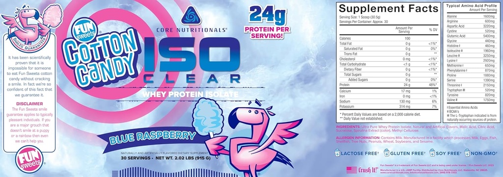 Pamata uzturs Izo Clear Whey Protein Isolāts - Zems kaloriju, ogļhidrāti, & Tauki -- bez laktozes un viegli digest - 24g Olbaltumvielas, Nulle Cukurs -- 2 Putas (Fun Sweets Blue Avenes)