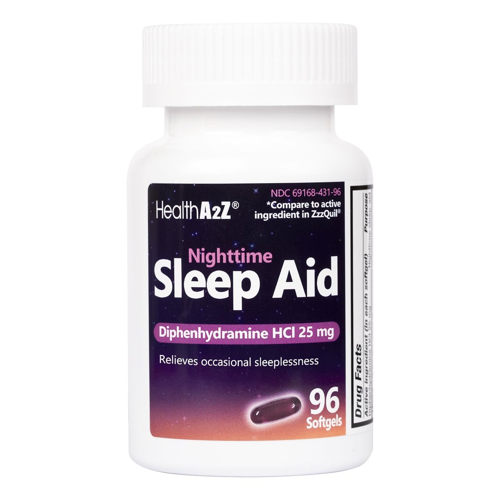 HealthA2Z Miega palīglīdzeklis, difenhidramīns HCl 25mg Softgels, atbalsta dziļāku, mierīgu miegu, nav dzīvotne-forming (96 softgels)