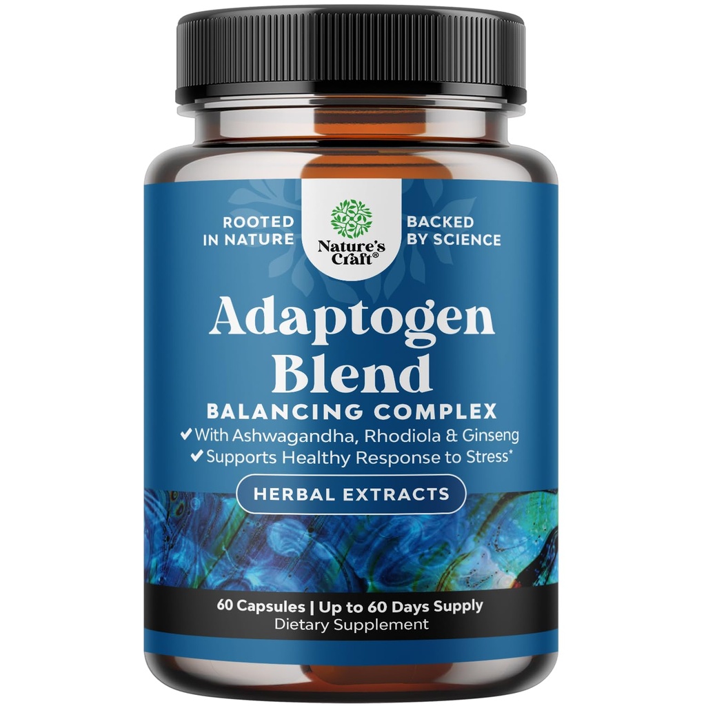 Herbal Adaptogen Mood Support Papildinājums - Kalmēšanas Adaptogens Papildinājums stresam un kortizola pārvaldībai ar Ashwagandha Rhodiola Rosea & Maca Root - Vegan Non ĢMO & Daytime Friendly - 60ct