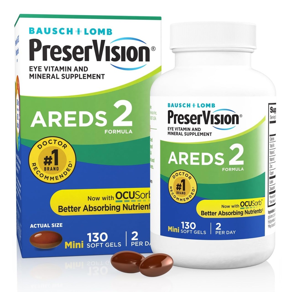 PreserVision AREDS 2 Acu vitamīni, #1 acu ārsts Ieteicamais zīmols, luteīns un Zeaksantīns Papildinājums ar C vitamīnu, E vitamīnu, Zinku un varu, 130 softgeli (Minigeli)