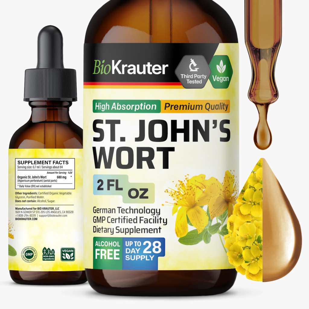 BIO KRAUTER Asinszāle Tinktūra - Hypericum Perforatum Šķidrais ekstrakts garastāvokļa uzturēšanai - augsta absorbcija - Vegan Drops 2 Fl.Oz.