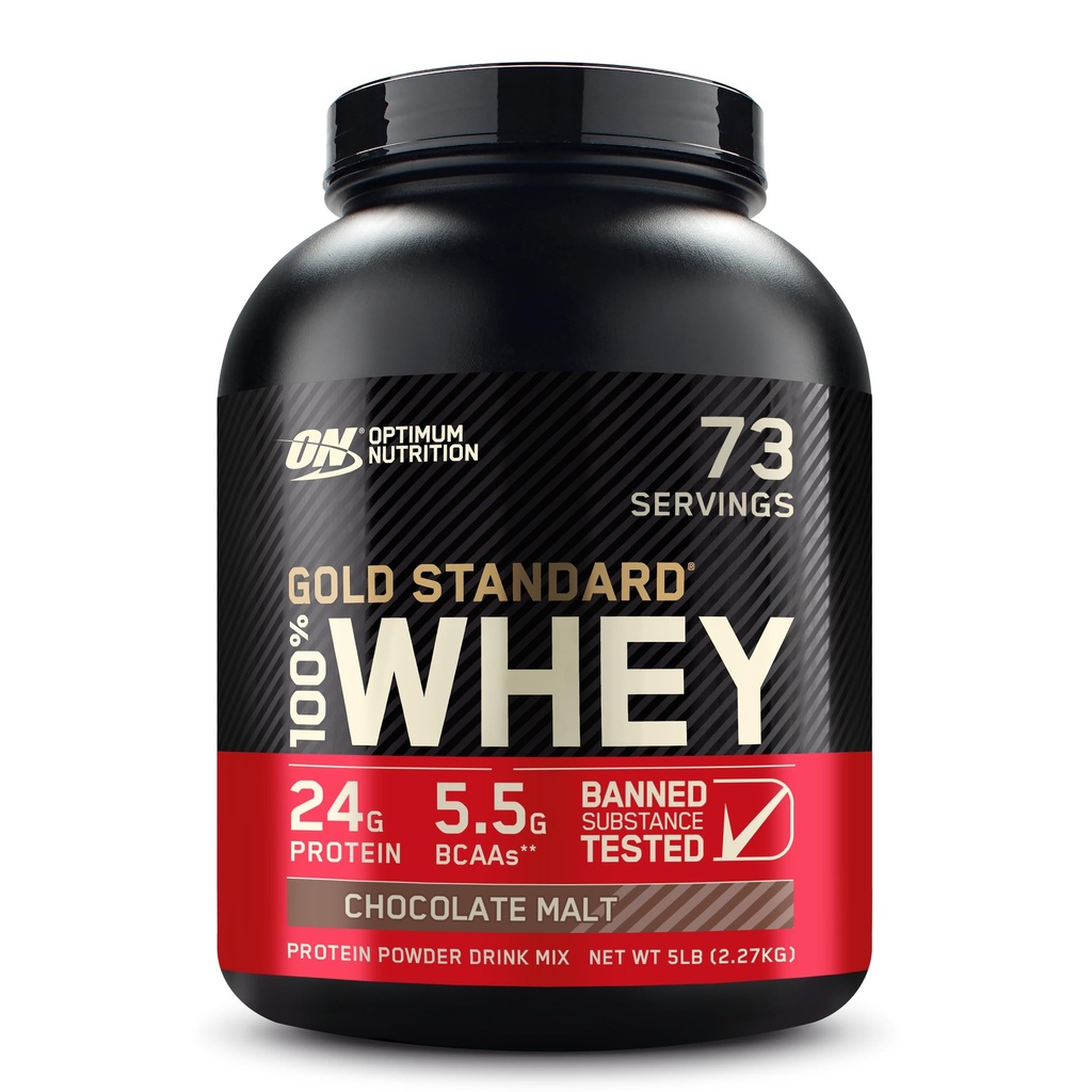 Optimum Nutrition Gold Standard 100% sūkalu proteīns pulveris, šokolādes iesals, 5 mārciņa (iepakojums May Vary)