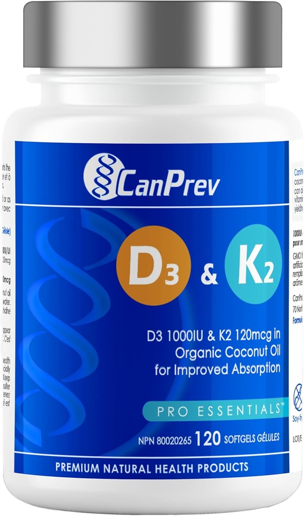 CanPrev D3 & K2 Vitamīni 120 Softgels, 120-Day Supply, 1000IU Vitamīni D3 & 120mkg K2, atbalsta spēcīgus kaulus, zobus un sirds labsajūtu, viegli uzsūc ar organisko kokosriekstu eļļu, bez ĢMO, lipekļa, sojas, piena