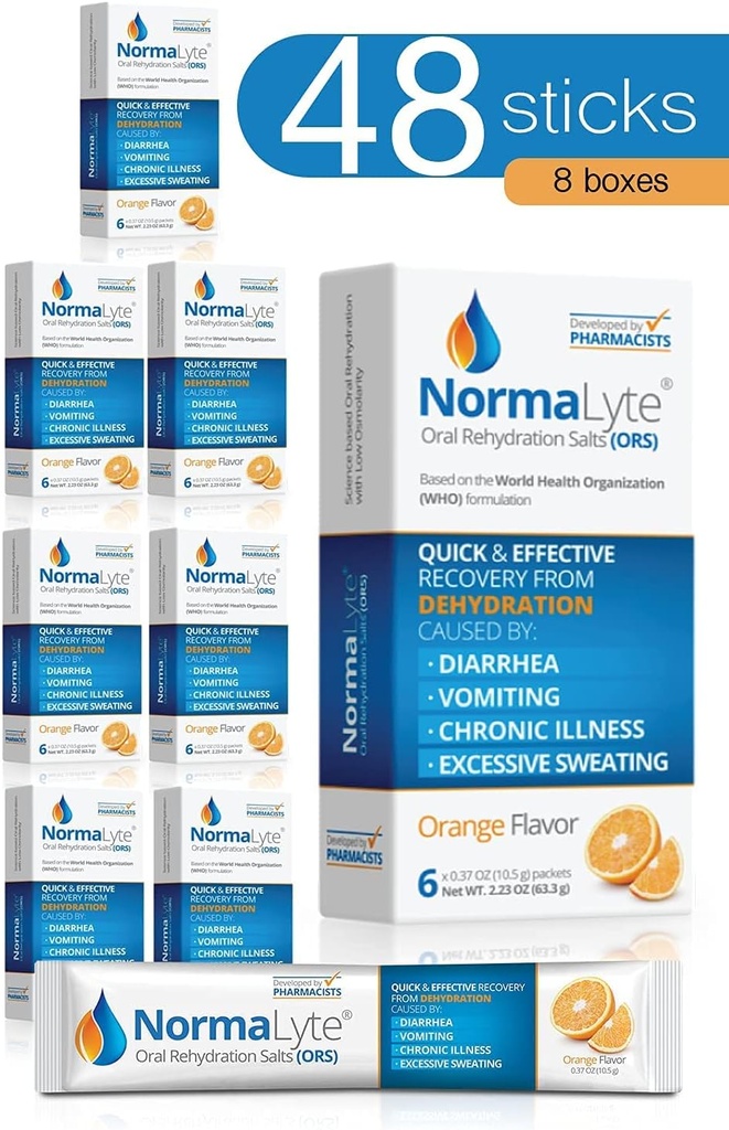NormaLyte orālā rehidratācija Sāls- 48 Sticks Iepakojumi (ietilpumi 500ml iepakojumā)- Oranžais - Enerģijas piedevas, Kālija papildinājums, Dehidratācijas atgūšana un ātra absorbcija