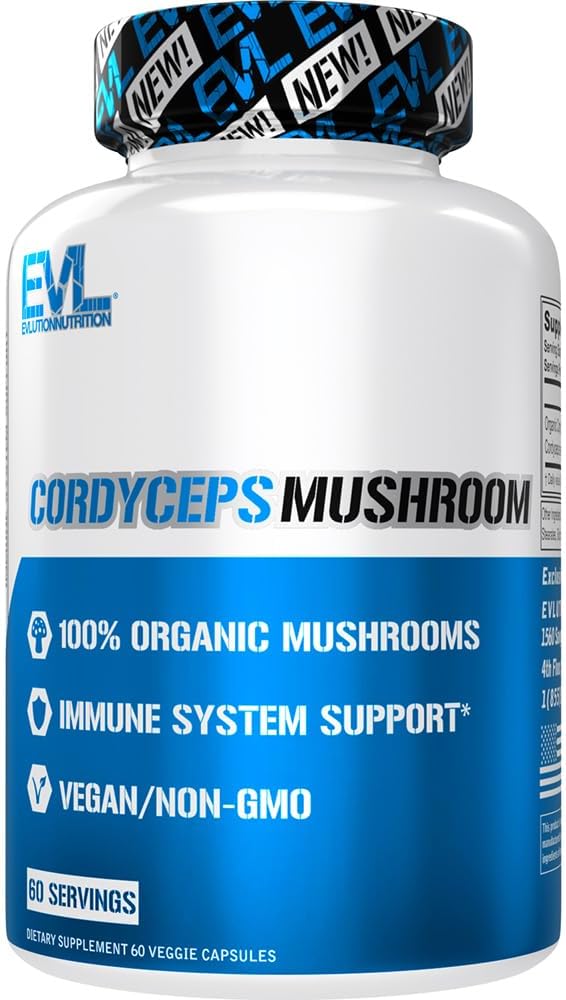 Evlution Nutrition Cordyceps Sēnes - Imūnās sistēmas un sirds veselības atbalsts - 500mg Sēņu papildinājums - 100% Organic, Vegan & Non-GMO - par enerģiju un veiktspēju - 60 Servējumi