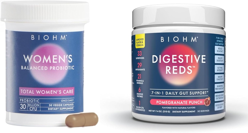 BIOHM Sieviešu probiotikas 30B KVV & 210 oz Essential Digestive Reds Pulvera saišķis, visaptverošs Gut un maksts veselības atbalsts, bagāts ar antioksidantiem, fermentiem, vitamīniem