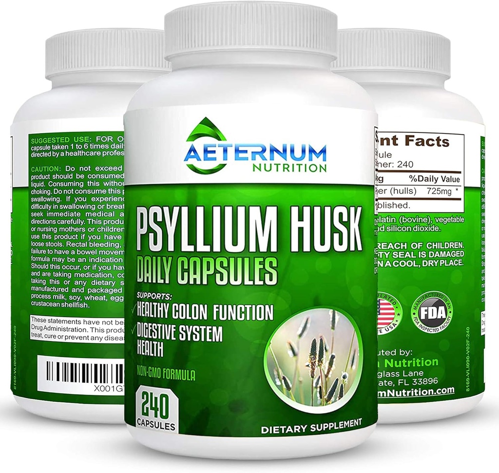 Aeternum Psyllium Husk Caps ASV Ražots - Premium All Natural Fiber Papildinājums - 240 Husk Pulveris Kapsulas 725 Mg uz vienu Kalpo, Atbalsta Veselīga Gremošanas sistēma - Visi Natural 100% Šķīstošs
