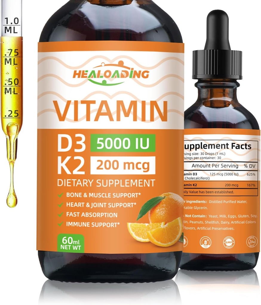 Organiskais vitamīns D3 + K2 Drops: 5000 SV Uz augu bāzes bāzēta D3 & 200mcg K2 Šķidruma piedevas; Ātra Imūnsupporta absorbcija, Kaulu veselība un sirds aprūpe; Vegan, ne-GMO (30ml)