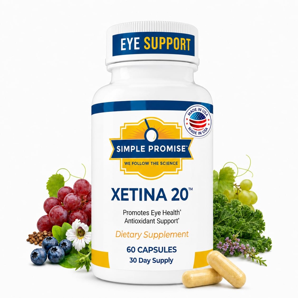 Vienkāršs Apsolījums - Xetina 20TM Luteīns un Zeaksantīna piedevas - Essential Support for Acu veselībai ar vitamīniem E, Eyebright, cinku, vīnogu sēklu ekstraktu, Rutin & Melleņu 60 kapsulas