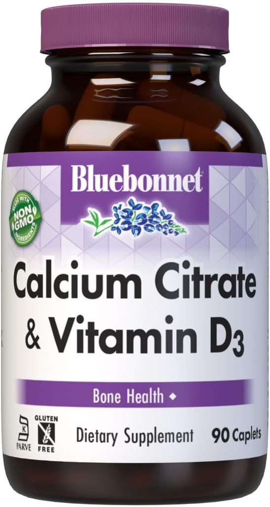 Bluebonnet Nutrition Kalcija citrāts & D3 vitamīns, Kaulu veselība*, ne- GMO, Košera parve, bez lipekļa, bez sojas, 90 Caplets, 22, 5 Kalpojumi