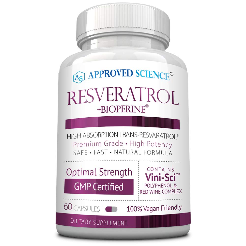 Apstiprināts Science® Resveratrol - 1000 mg Trans Resveratrol - 250 mg polifenola - 98% Tīrības līmenis - Ietver Bioperine® - 60 Vegan draudzīgas kapsulas - 1 pudele