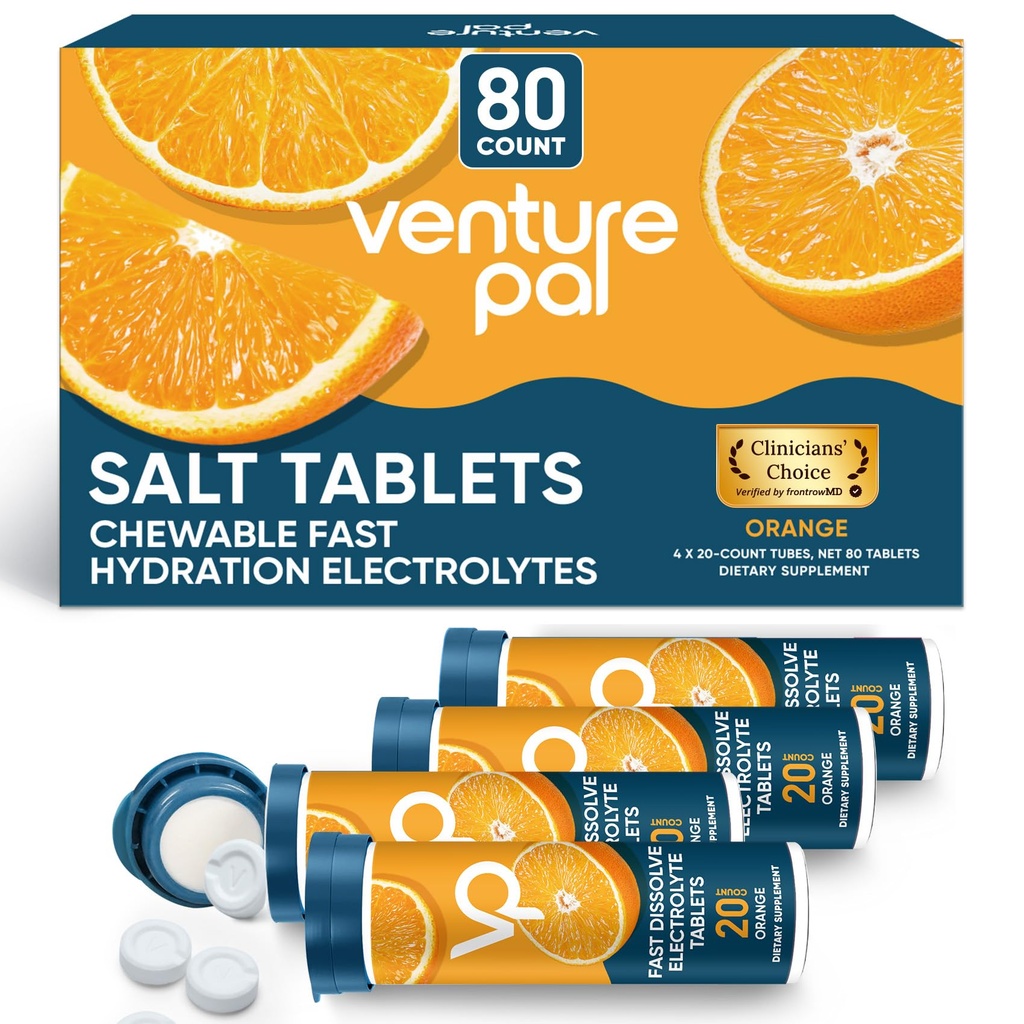 Venture Pal Košļājamās Elektrolītu Tabletes, 80 Skaits Ātri Izšķīdiniet Uzlīme Bez Cukura Uzlīmes Sāls Tabletes - Variety Pack Rapid Hidratēšana, Āra Skrejošā Pilsēta, Pārgājieni, Sporta