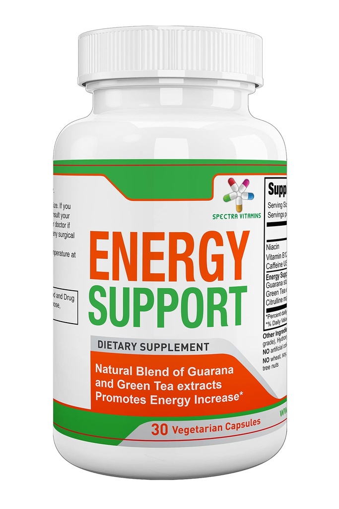 Spectra Vitamīni Natural Energy Support 30 Kapsulas - Guarana Kapsulas - Vitamīns B12 - Guarana un zaļās tējas ekstrakti - Citrulline enerģijas bagātinātāji ar dabas enerģijas pastiprinātāju