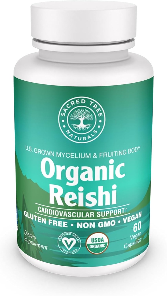Organic Reishi Mushroom kapsulas - 1 000mg potenci - Stress Relief, Heart Health & Immunity - Non-GMO, Vegan, 60 Count (30 Kalpo)