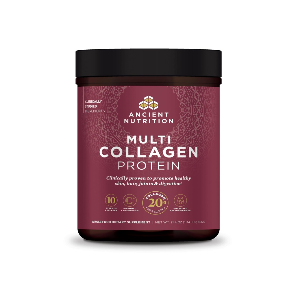 Ancient Nutrition Collagen Peptides pulveris, multi-kolagēna proteīns, sievietes un vīrieši, C vitamīns, probiotikas, hidrolizēts kolagēns, atbalsta ādu, locītavas, Gut Veselība, Neuzliesmojošs, 60 Kalpo