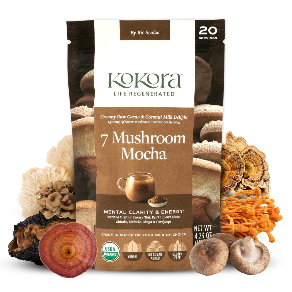 7 Sēnes Mocha - Organic Adaptogenic Sēņu pulveris - ieskaitot Turciju Aste & Lauvas Mane - Energizes & Veicina garīgo skaidrību* - Vegan, bez lipekļa, Nav pievienots cukurs - 20 Kalpo - 120g