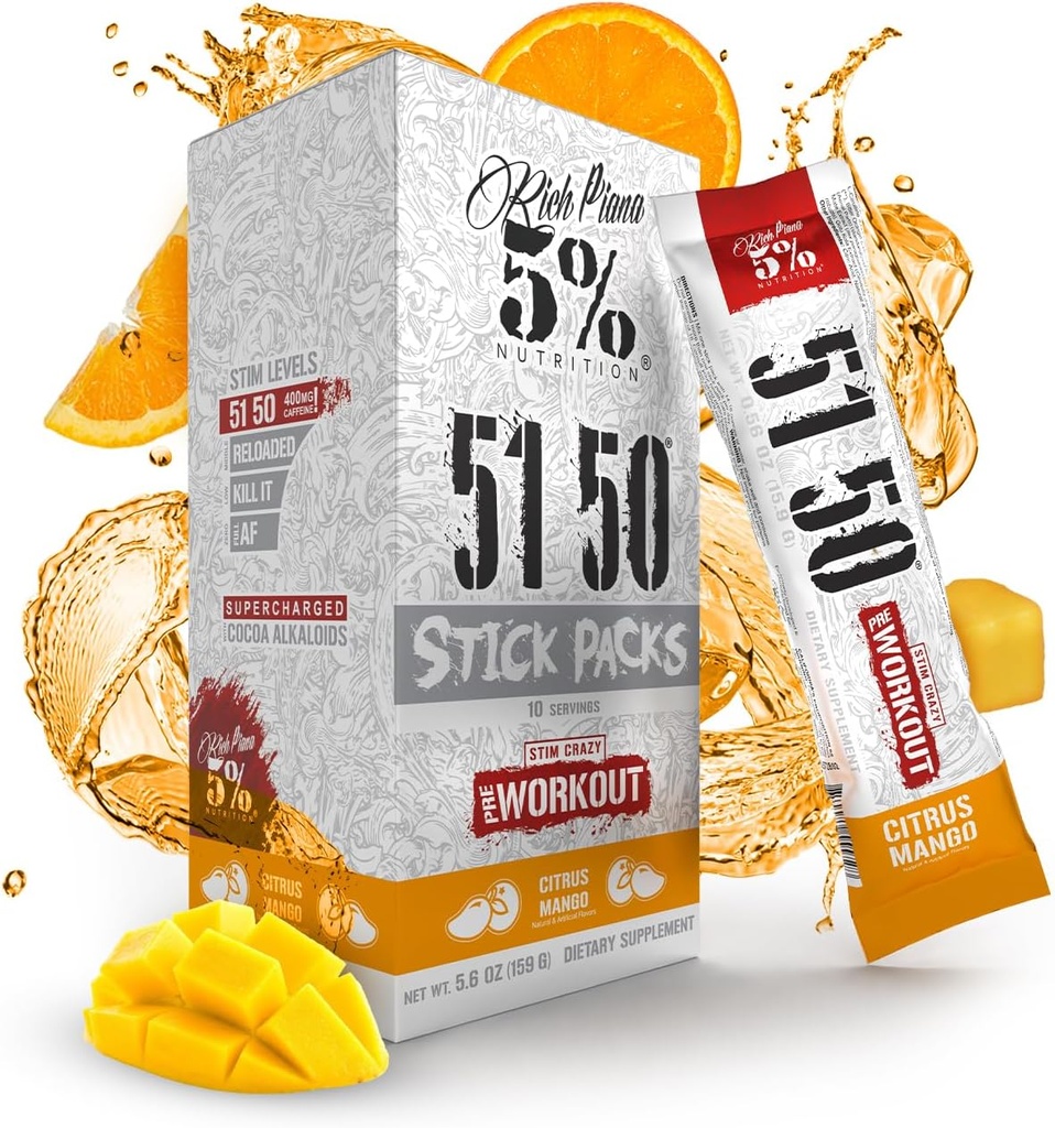 5% Uzturs Rich Piana 5150 High Stim pirms treniņa Pulvera paketes - Extreme Energy, Focus, Sūkņi & Izturība - 513 mg Kofeīna komplekss, Citrulīns, Beta Alanīns, L-tirozīns (Citrus Mango) (10 skaitlis)