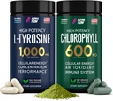 (Bundle) Hlorofila un L tirozīna kapsulas - dabas enerģija, imunitāte un fokusa papildinājums - 600 mg hlorofila svaigumam + 1000 mg L-tirozīna priekš Focus & Mental Clarity - ražots ASV