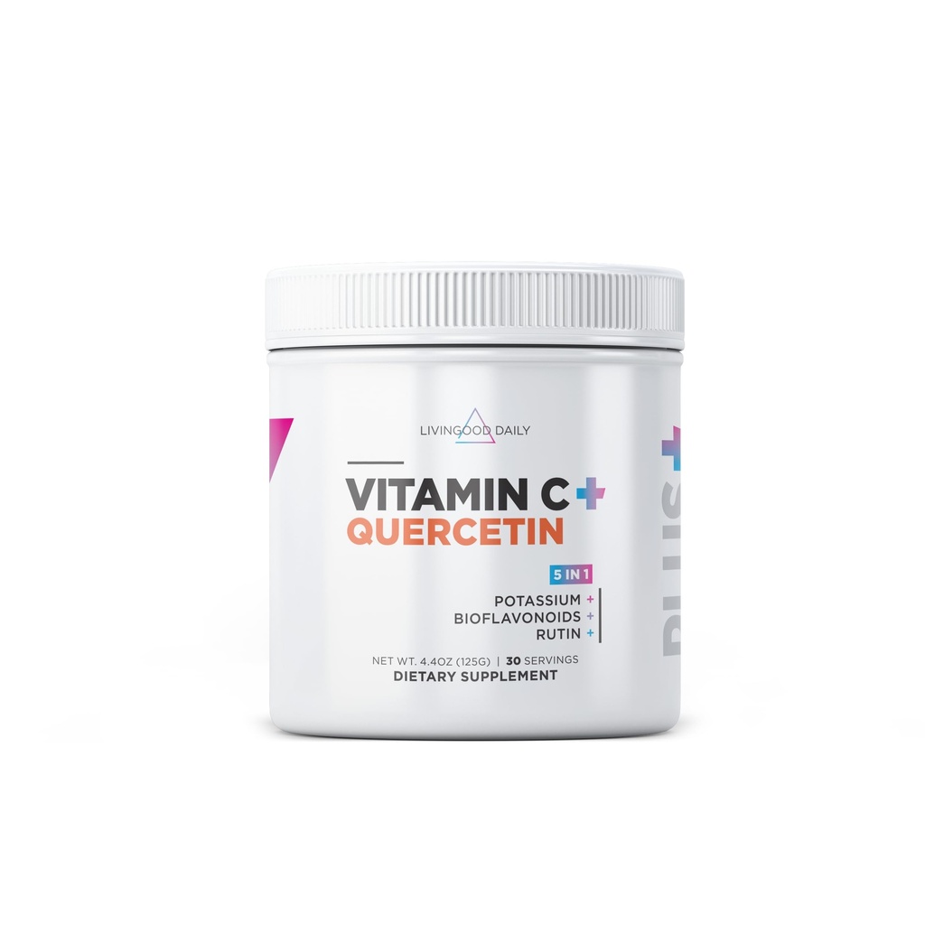 Livingood Daily High Dose C vitamīna pulvera papildinājums, 2600 MG Askorbīnskābes pulveris atbalsta imunitāti un ādas veselību, C vitamīna pulveris ar Quercetin, saldināts ar Stevia, Vegan, 30 Servē