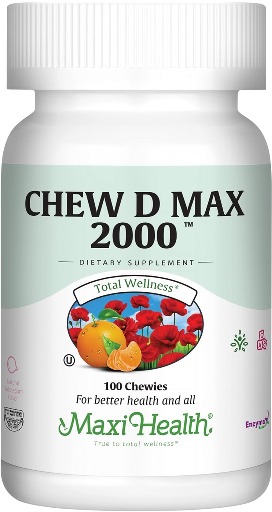 Maksi veselība Košļājams vitamīns D3 2000 SV Papildinājums - Delicious Natural Bubble Gum Flavor - atbalsta kalcija uzsūkšanos, imūno un kaulu veselību pieaugušām sievietēm, vīriešiem, bērniem un bērniem - 100 košļājamās rotaļlietas