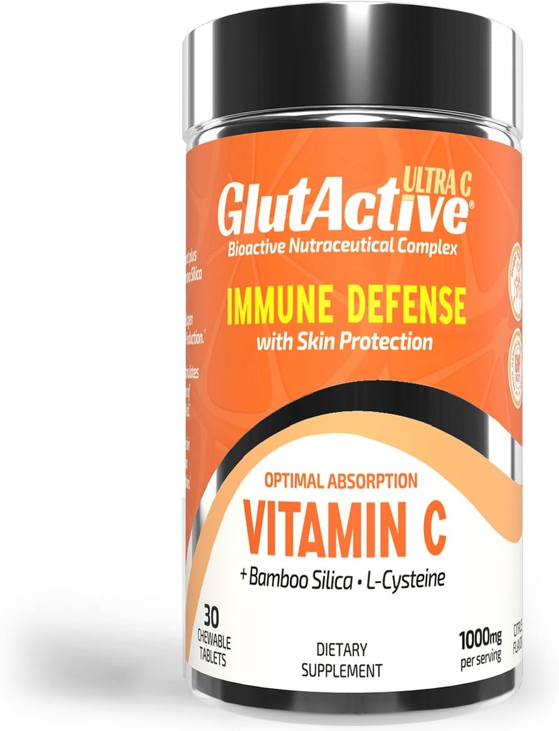 Ultra VIT-C 1 000mg košļājamās tabletes - Imūnsupport & Collagen Builder - augsta absorbcija Askorbīnskābe ar Cysteine & Bamboo Silica - Spēcīgs antioksidants - 30 tabletes