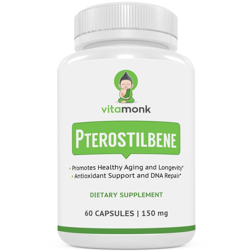 VitaMonk Pterostilbene 150mg Kapsulas Nav Mākslīgo Fileru - Sojas bez Trans-Pterostilbene Papildinājums, kas veicina veselīgu novecošanu un ilgizturību - 60 Veggie-Caps - Uzlabota Resveratrol