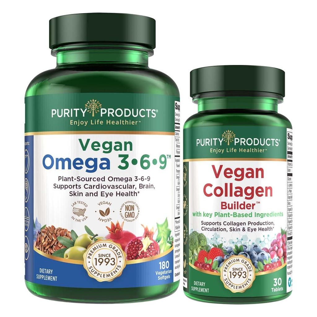 Tīrības produkti Bundle - Vegan Omega 3-6-9 (180 ct)+ Vegan Collagen Builder Omega 3-6-9 (5 in 1” augu bāzes Omega Essential Taukskābe) - Vegan Collagen Builder (w/Key Plant-Based Sastāvdaļas)