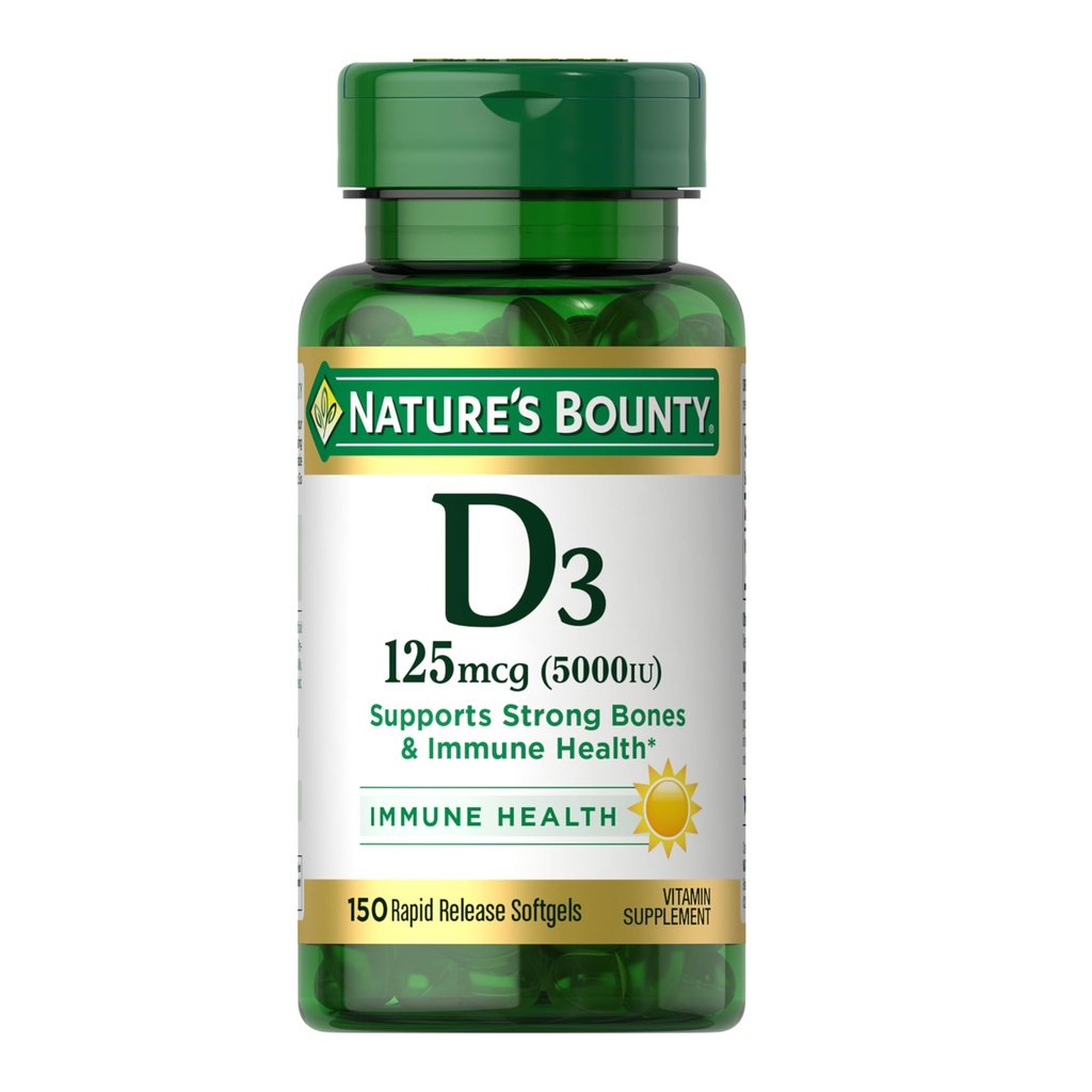 Dabas bounty vitamīns D3 5000 SV softgeli, ātra atbrīvošana, imūnsupport, D vitamīna piedevas, 150 Ct