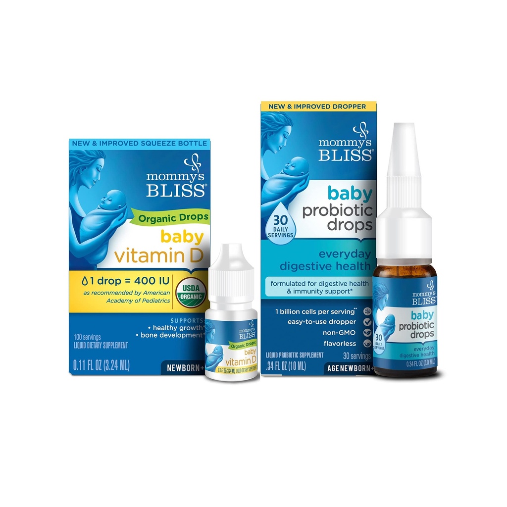 Māmiņas Bliss Organic Baby D Drops 100 Kalpojumi (1. iepakojums) ar Baby Probiotic Drops Katru dienu 30 Kalpojumi (1. iepakojums)