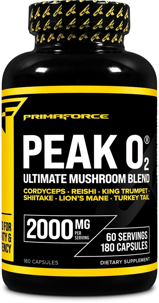 Primaforce Peak O2 Veiktspēja Sēnes Powered Oxygen Absorbcija Bosteris (180 Kapsulas) (2 000 mg Per Servē, 60 Servējumi) - Athletic Performance Papildinājums, Ultimate Sēnes Blend
