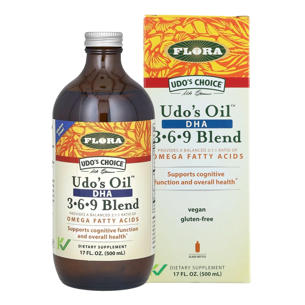 Flora - Udo eļļa DHA 3-6-9 Blend - Veģetārs Acu un smadzeņu veselības papildinājums - Omega-3 & Omega-6 - Satur saulespuķu un linsēklu eļļu - Košera & Organic - Saglabājiet dzesināta - 17 fl. oz.