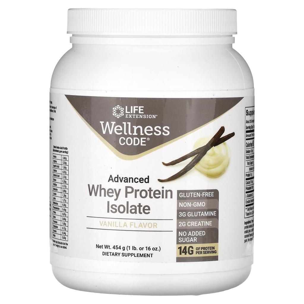 Life Extension Wellness Code® Advanced Whey Protein Isolate (Vanilla), kreatinīns, glutamīns, maisījums muskuļu augšanu un imūno veselību, bez pievienotā cukura, bez lipekļa, ne-GMO, 454 Grams, 20 Kalpo