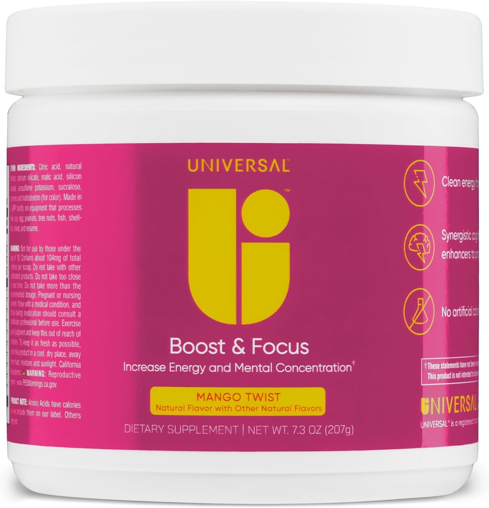 Universal U Boost & Focus pulver, palielināt enerģijas un kognitīvo veiktspēju, pirms treniņa, pielāgot devu, VIT B12, niacīns, holīns, L-tirozīns, bez mākslīgās uzliesmojuma, 30 Kalpotāji (Mango Twist)