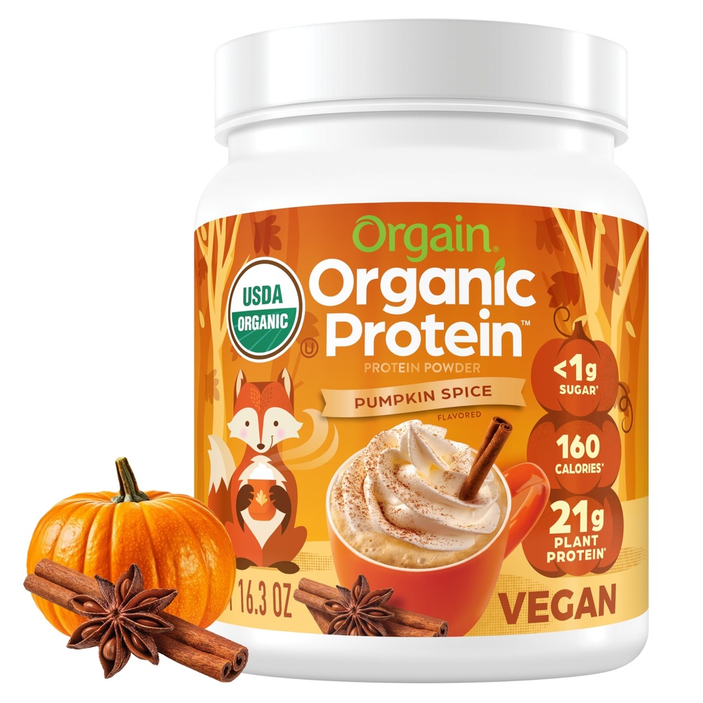 Orgain Organic Vegan Protein Pulveris, Ķirbju Garšvielas Sezonas Flavor - 21g augu proteīna, 5g Prebiotic Fiber, Nav Laktozes sastāvdaļas, Nav pievienots cukurs, nav GMO, Shakes & Gludināšanas, 1.02 Lb