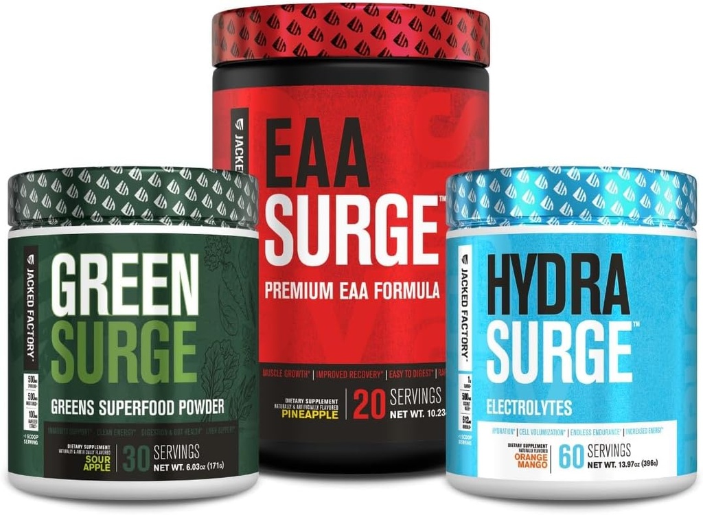 Jacked Factory Green Surge Green Superfood Powder, Hydrasurge Elektrolītu hidrācijas papildinājums, EAA Surge EAA papildinājums