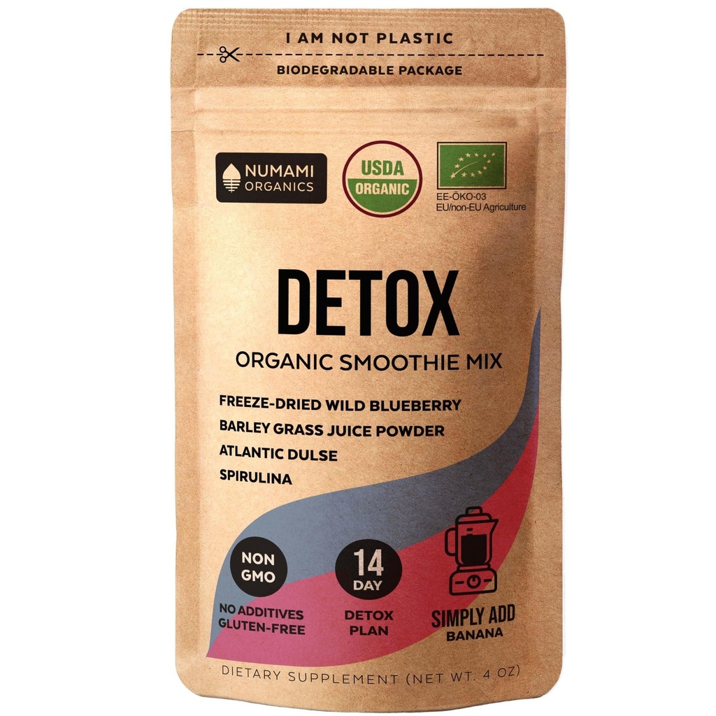Numami Organic Detox Blueberry Smoothie Powder with Healthy Spirulina, Atlantic Dulse and Mieži Grass Juice Powder, Premium Quality superfood no Eiropas