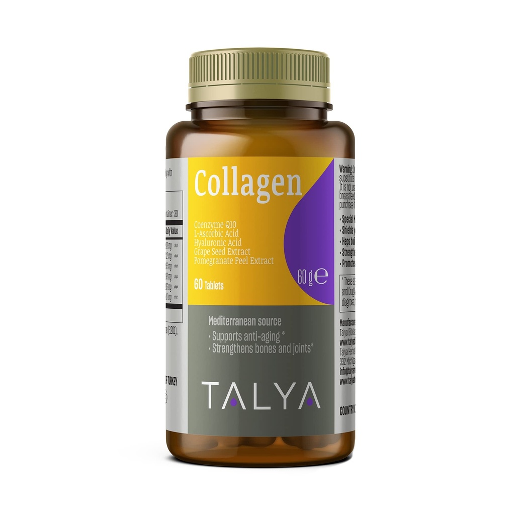 TALYA kolagēna tabletes ar hialuronskābi + C vitamīns          ) Hidrolizēts kolagēns sievietēm un vīriešiem ; ) mati, āda un naglas; ) ne-GMO; ) 60 kapsulas