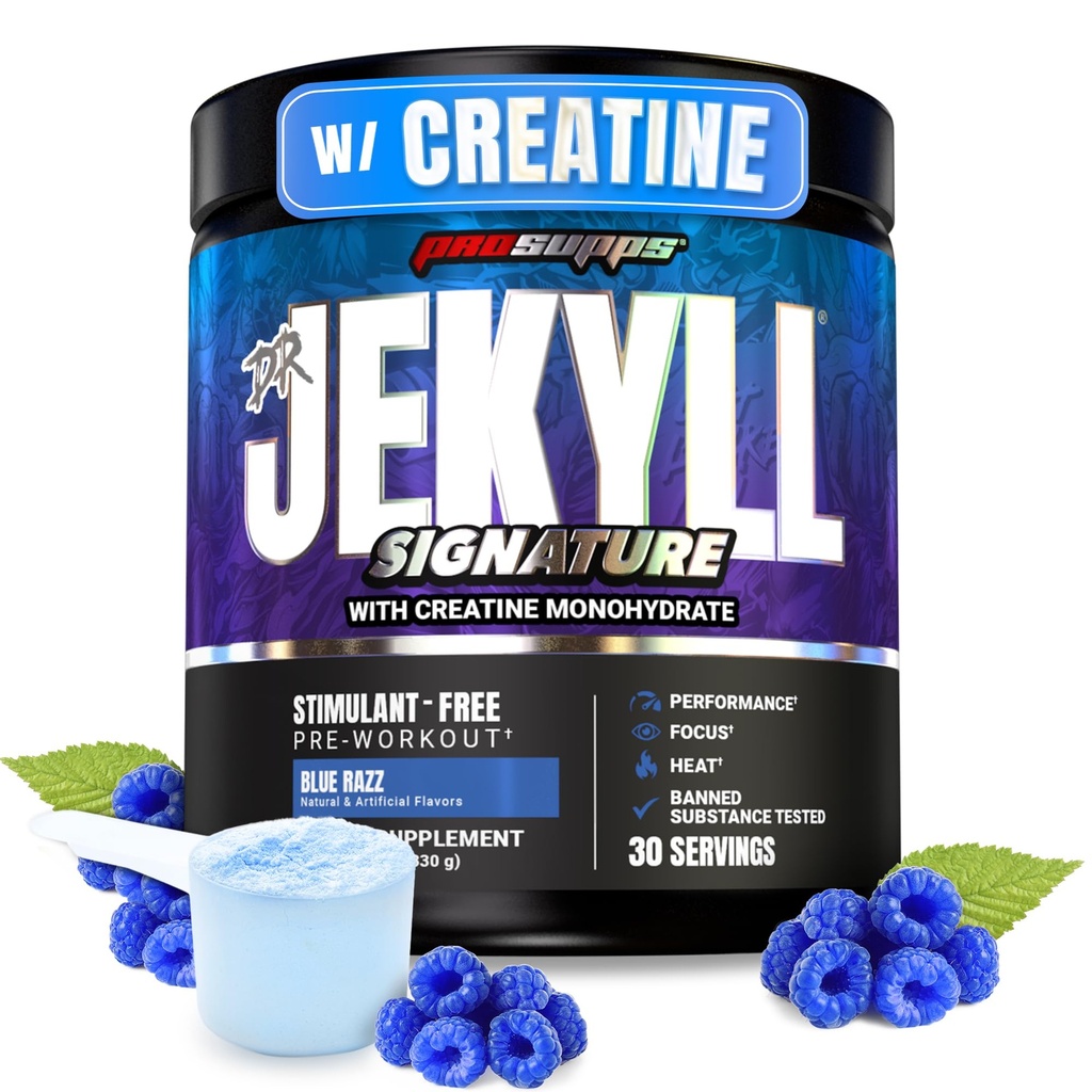 PROSUPPS Dr. Jekyl Signature Pre Workout Pulveris ar kreatīnu - bez noderības Atbalsts Fokuss un izturība - bez kofeīna Vingrošanas un fitnesa bagātinātāji (Melleņu citronāde, 30 Kalpojumi)