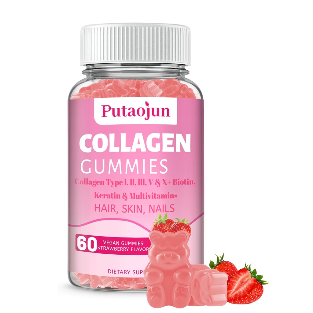 Kolagēns Gummijas -- Mati, āda un naglas Gumijas ar biotīnu C vitamīns, E, & cinks -- zemeņu aromatizēts -- kolagēns sievietēm -- zemeņu aromatizēts - 60 grāfs