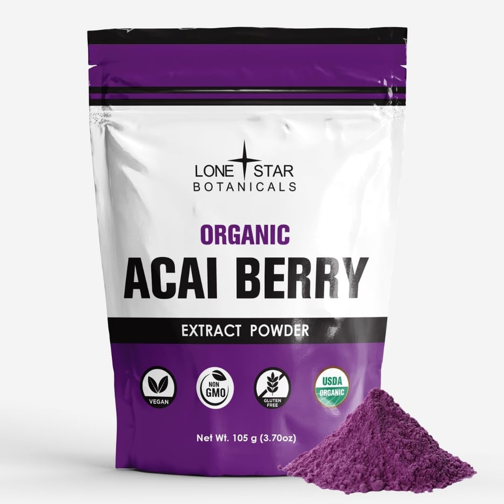 Lone Star Botānika Organic Açai Berry Superfood Powder, 3.52oz (100 Grams), Antioksidanti, Vitamīni, Minerālvielas, Veselīgs uzturs, Pievienot Gludajam, Zupa, Salāts