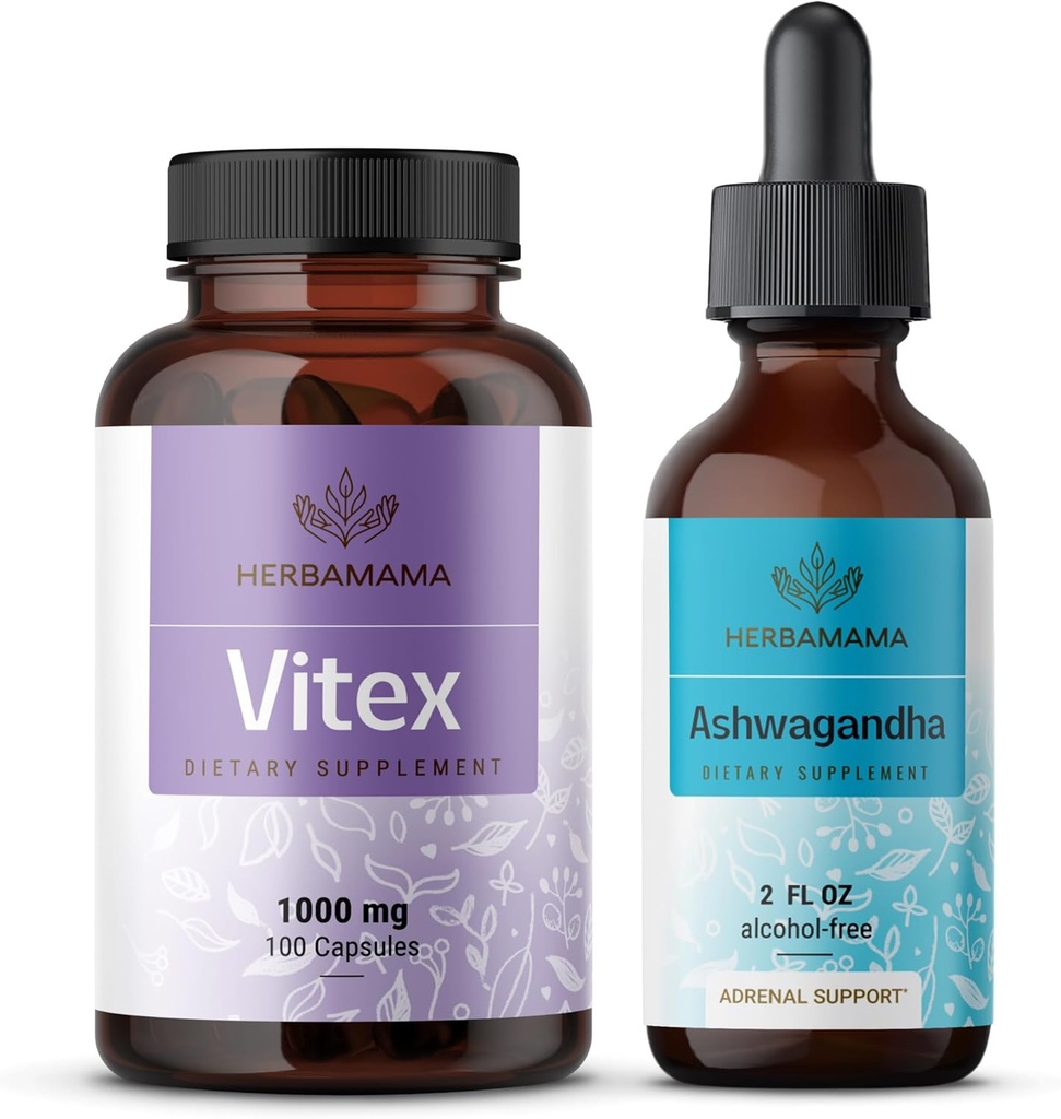 HERBAMAMA Vitex un Ashwagandha Kit - 1000 mg Vitex Chasteberry kapsulas un Ashwagandha šķidrums pilieni 2 fl oz - Vegan, ne-GMO, cukurs un bezalkohols - 2 iepakojumi