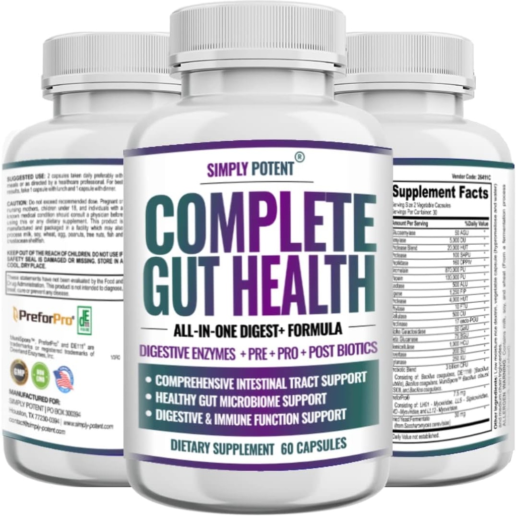 Pilnīga Gut Veselība, Gremošanas Fermenti Plus Prebiotika, Probiotika & Post Biotic Gastrointestinālais Atbalsts, Atbalsta Gut Veselības un Imūnfunkcija, 60 Kapsulas