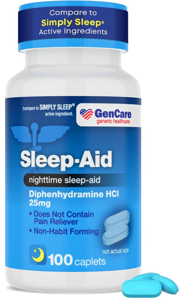 GenCare - Miega palīglīdzeklis Difenhidramīns HCL 25mg Blue Caps (100 Caplets) - Nedzīves Veidojot Nakts miega tabletes pieaugušajiem, lai piliens Asleep Ātrāk un miega dziļāk caur nakti - Miega palīglīdzekļi