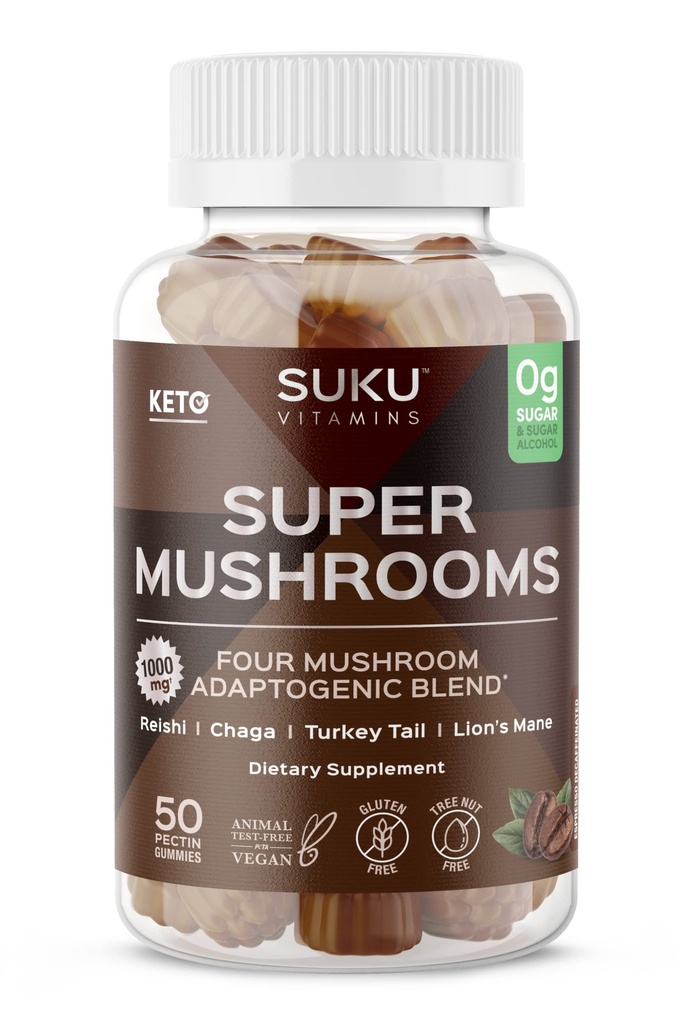 SUKU Vitamīni - Super Sēnes -Reiši Chaga, Turcija Aste & Lauvas Mane Blend Gummies for Immunity - Viegli košļājami - Ne ĢMO, lipekļa bezcukura - Espresso Decaffeinated Uzliesmojošs gumijas vitamīni, 50 Count