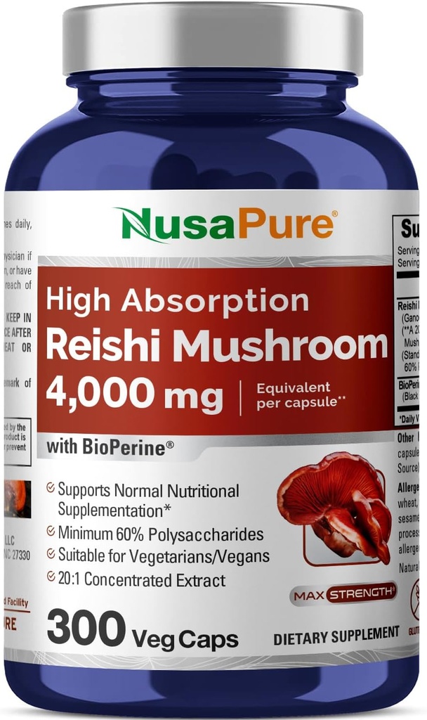 NusaPure Reishi sēņu ekstrakts 20:1 ekstrakts, 200 mg Ekvivalents 4000 mg uz kapsulas 300 Veggie Caps Vegan, Non-GMO, Vegan
