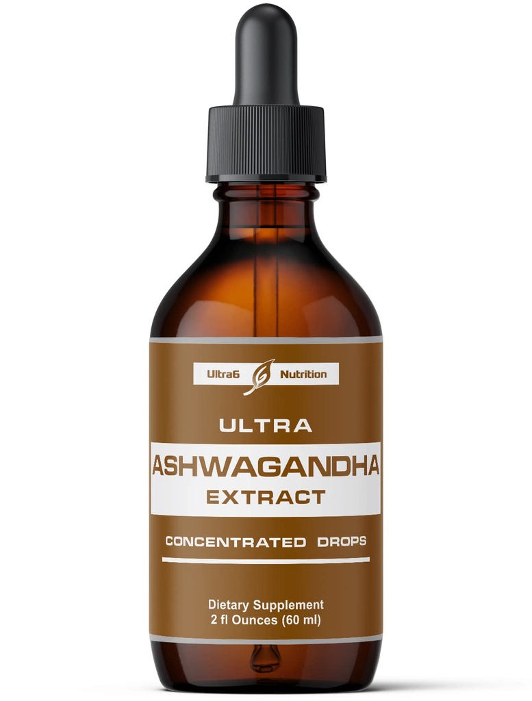 Ultra6 Uzturs Ashwagandha Liquid Drops - Organic Ashwagandha Papildinājumi ar Rhodiola Rosea Tincture - Saknes ekstrakts kokam un enerģijai - Papildinājums vīriešiem un sievietēm