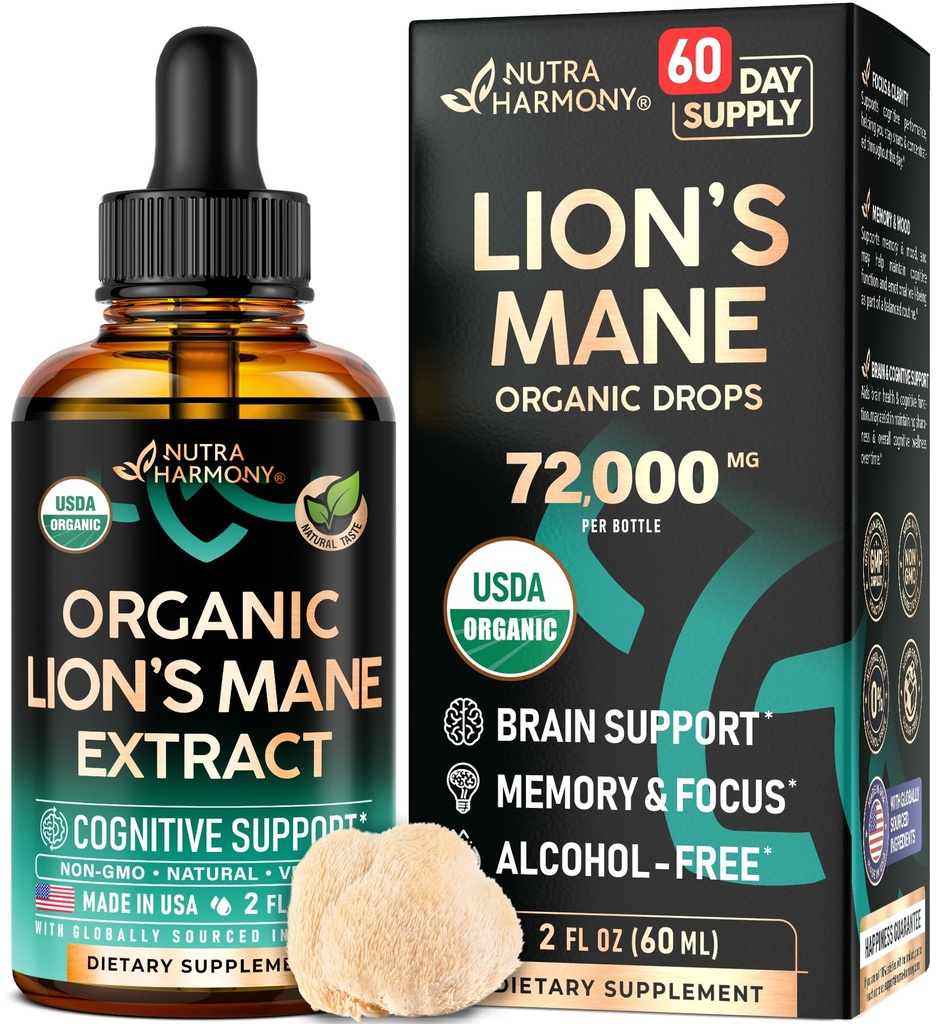 Lions Mane Liquid - USDA Certified Organic Lions Mane Papildinājums - Smadzeņu atbalsts, enerģija, atmiņa un fokuss - Cukurs un bezalkohols Lauvas Mane Sēņu ekstrakts 72,000 mg / Pudele, 2 Fl OZ, 2 Mēnešu Piedāvājums