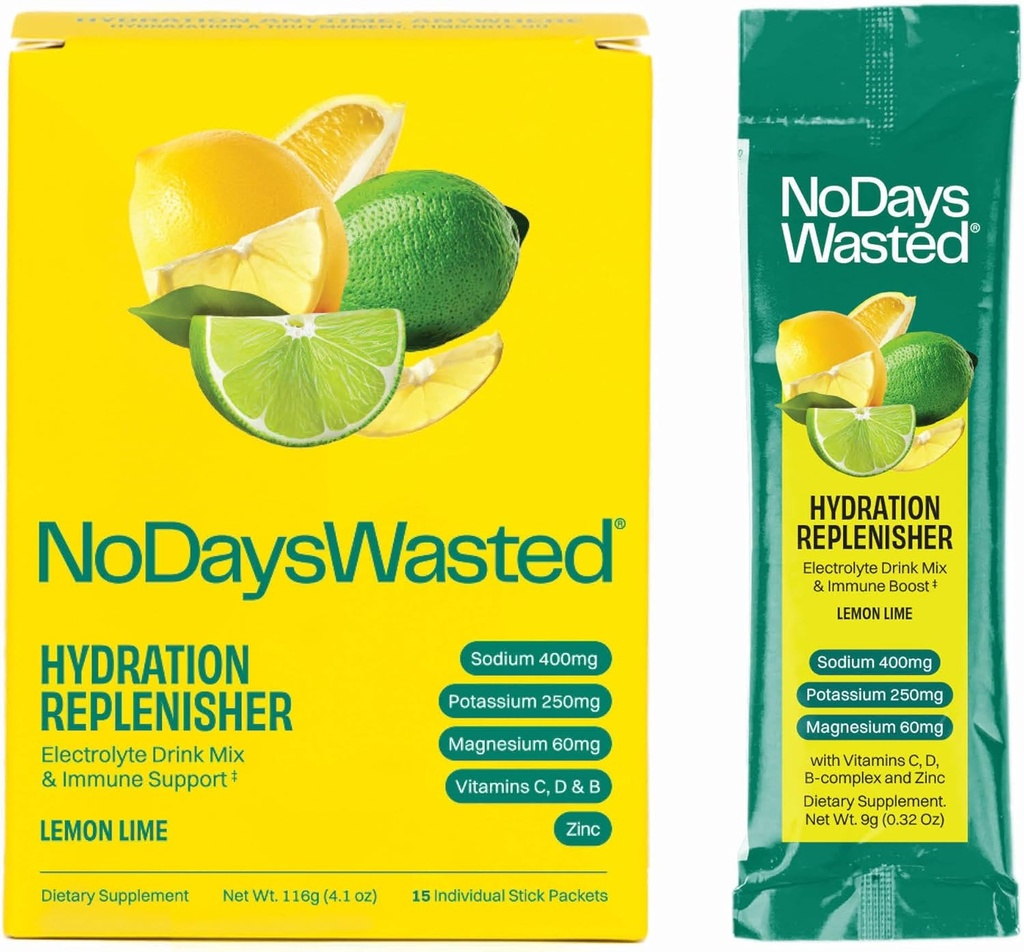 Nav dienu izšķērdēta hidrācijas papildinātājs 15 Grāfs - Elektrolītu pulveris Dzēriens Mix - citrons Laims - Nātrijs un kālijs rehidrācijai Plus Vitamīni atbalstam (15 Grāfs)