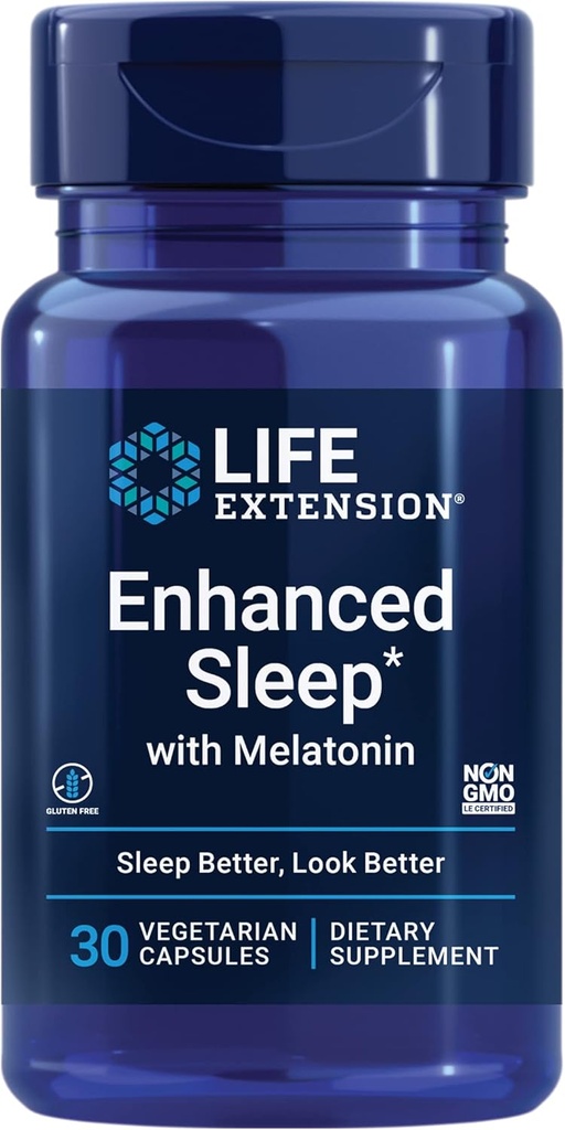 Life Extension Enhanced Sleep with Melatonin - Melatonīna miega papildinājums nemierīgam miegam un veselīgai ādai & vairāk – bez lipekļa, ne-GMO, veģetārietis – 30 kapsulas