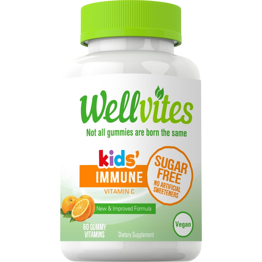 Wellvites Bezcukura Kids Imūnās Daily Gummy Vitamīni - Vegan, Non-GMO - vitamīns C Gummies bērniem Imūnsupport, Nav Mākslīgie saldinātāji, Gluten-free, Želatīns-free, 60 Skaits (30 dienu piegādes)